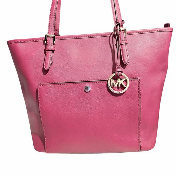 Michael Kors Jet Set Saffiano Leather Tote Burgundy Red MK Charm Shoulder Bag - Picture 2 of 12